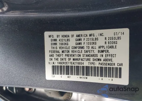2014 Honda Accord Ex from USA, damaged, VIN 1HGCR2E77EA278854